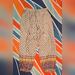 Angie Boho Rayon Harem Pants Size L Floral Border Print Festival Bohemian